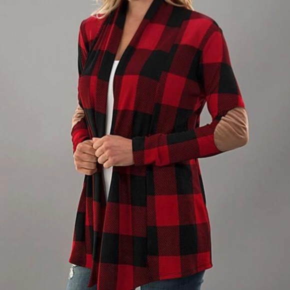 Sun and Moon Sweaters - Buffalo Plaid Cardigan with Suede Elbow Patches
